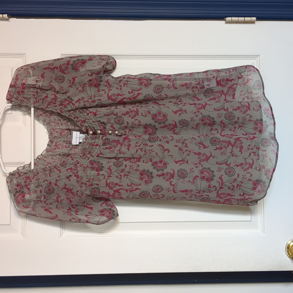 Women's sheer grey, pink, fuchsia floral blouse with attached cami